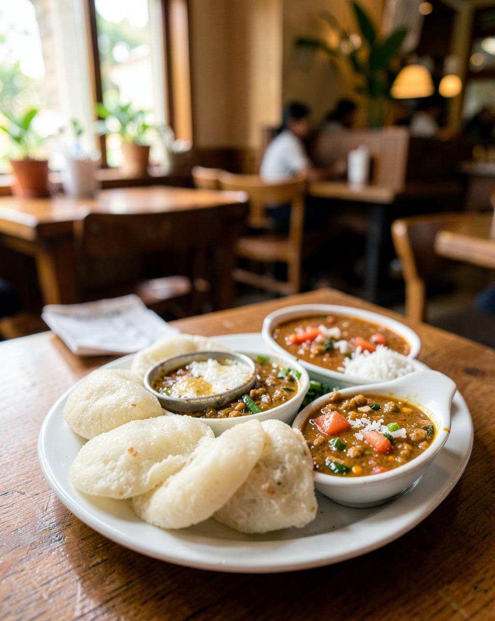 Idli Sambar — Steamed rice cakes with sambar and fresh chutneys