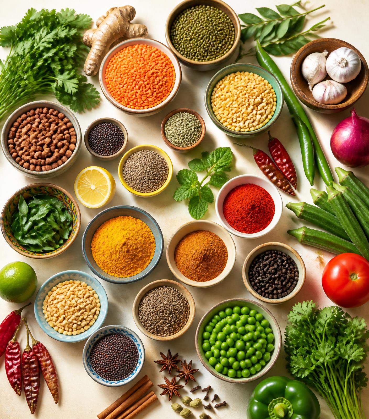 Fresh vegetables, lentils and Indian spices